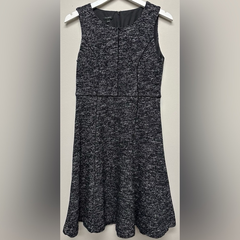 TALBOTS Women’s Fit And Flare Sz 2 XS Black White Tweed Stretch Lined Dress
